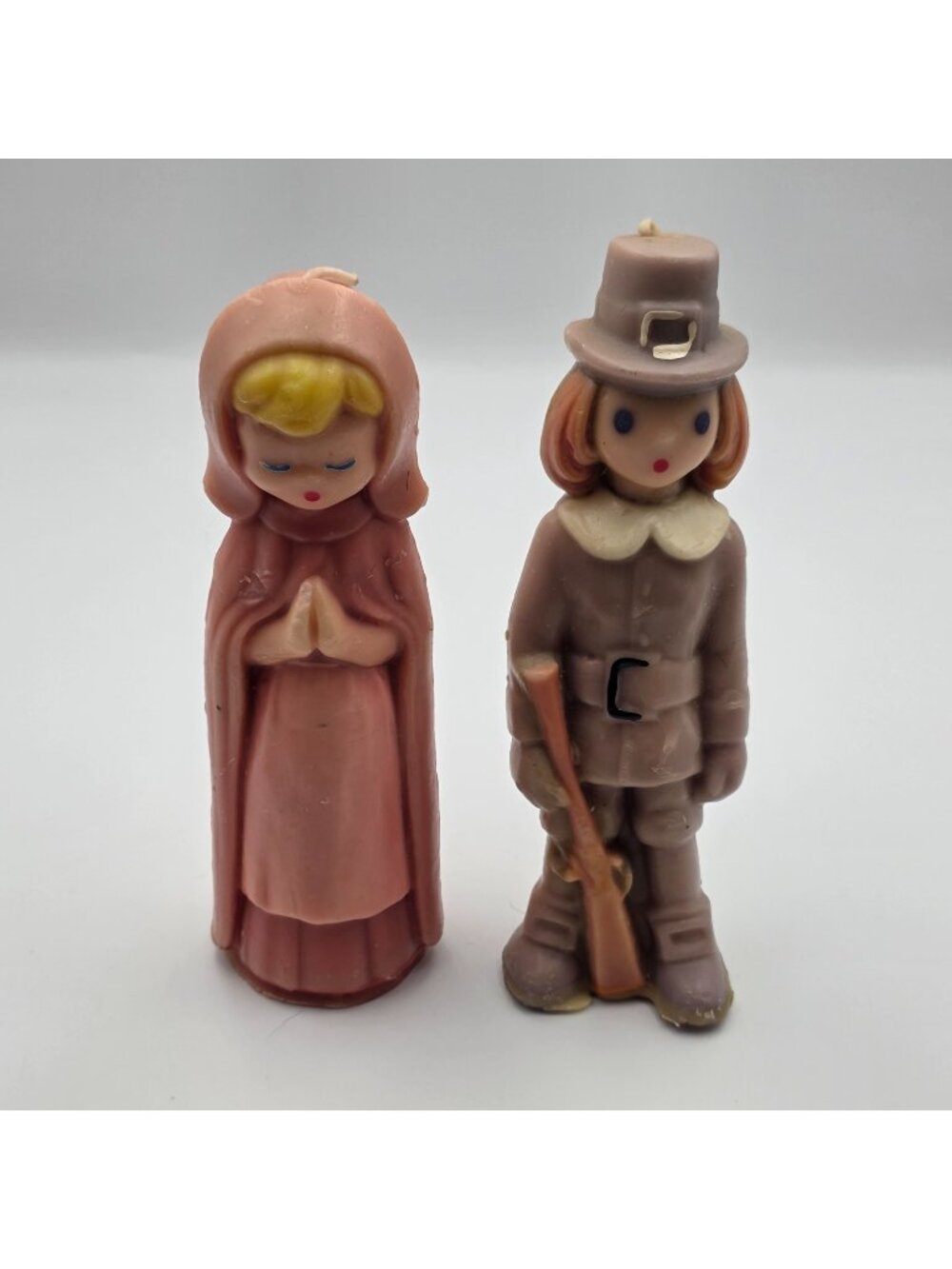 Vintage Thanksgiving Pilgrim Candles Pair Man Woman Figural 8" Unburned